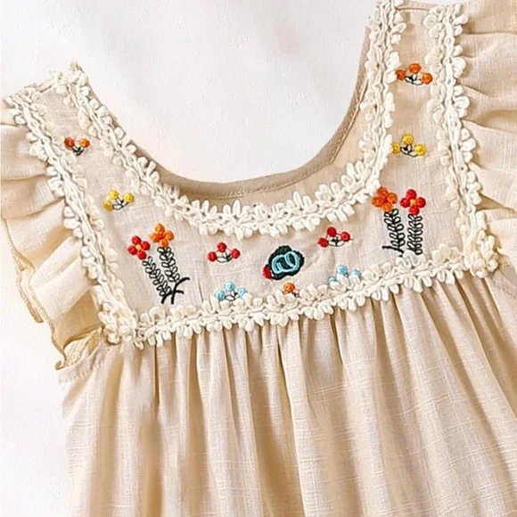 Soly Hux Toddler Girl's Floral Embroidered Cream Dress, Scoop Neck, Cap Sleeve. - Picture 3 of 6